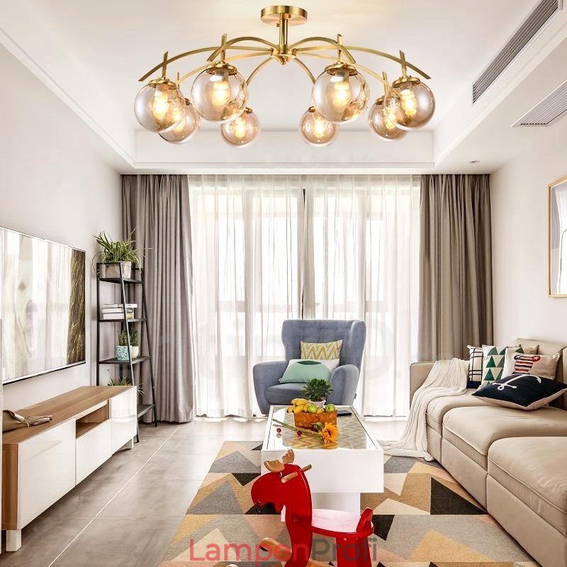 8-flammige Retro-Pendelleuchte aus rustikalem Messing mit Glasschirm