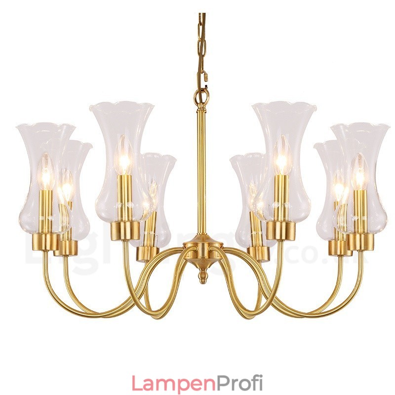 8-flammige Retro-Pendelleuchte aus rustikalem Messing mit Glasschirm