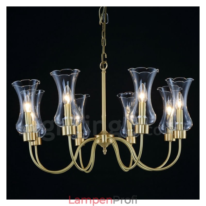 8-flammige Retro-Pendelleuchte aus rustikalem Messing mit Glasschirm