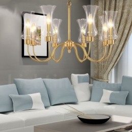 8-flammige Retro-Pendelleuchte aus rustikalem Messing mit Glasschirm