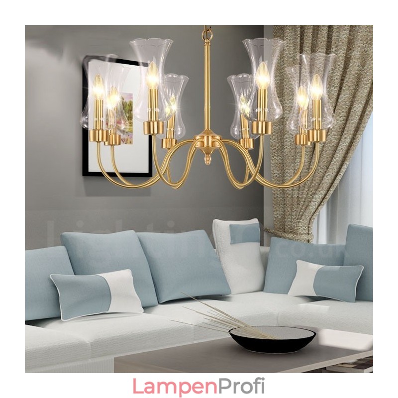 8-flammige Retro-Pendelleuchte aus rustikalem Messing mit Glasschirm