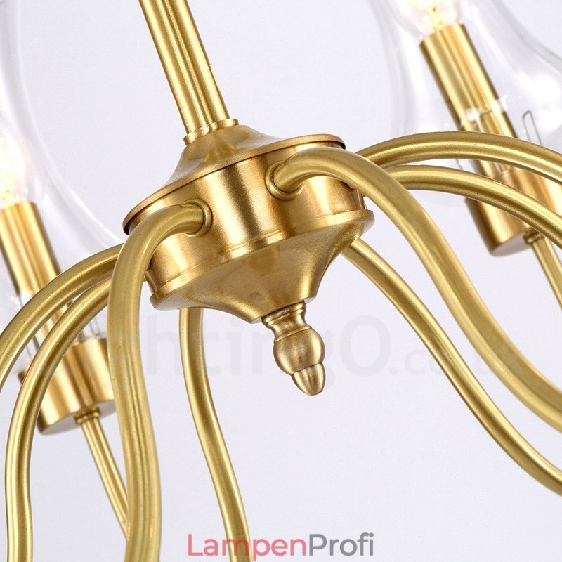 8-flammige Retro-Pendelleuchte aus rustikalem Messing mit Glasschirm