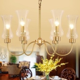 6-flammige Retro-Pendelleuchte aus rustikalem Messing mit Glasschirm