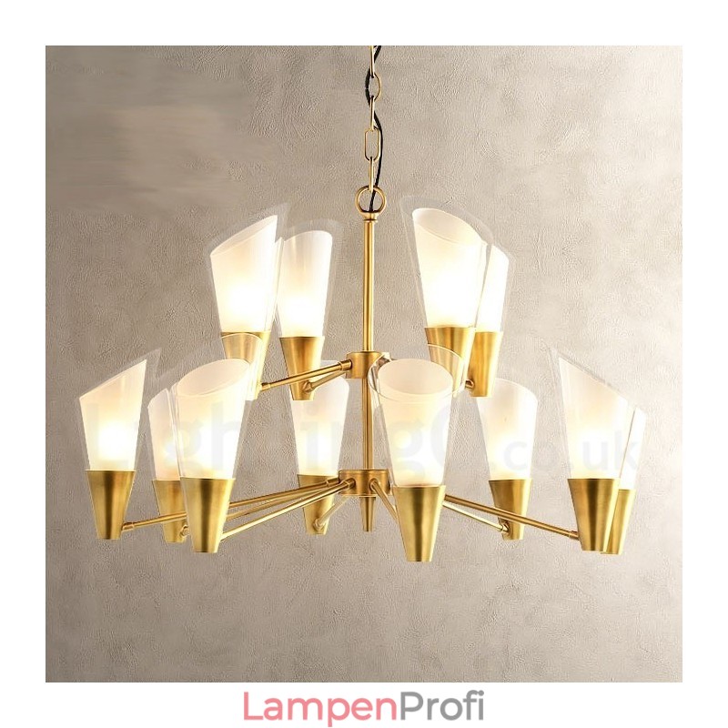 12-flammige Retro-Pendelleuchte aus rustikalem Messing mit Glasschirm