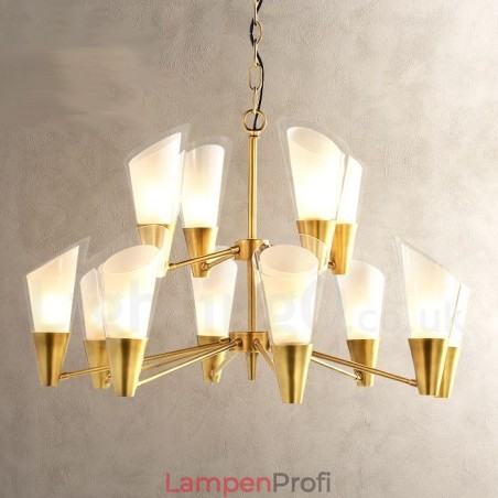 12-flammige Retro-Pendelleuchte aus rustikalem Messing mit Glasschirm