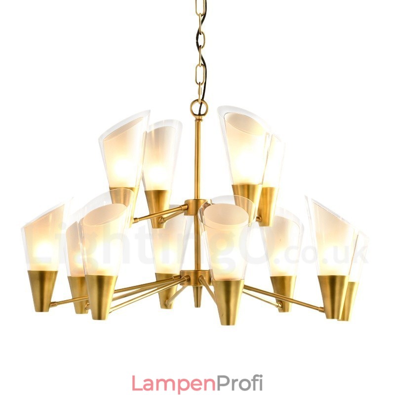 12-flammige Retro-Pendelleuchte aus rustikalem Messing mit Glasschirm