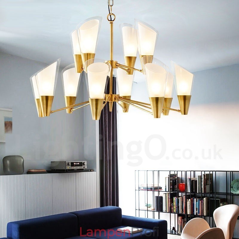 12-flammige Retro-Pendelleuchte aus rustikalem Messing mit Glasschirm