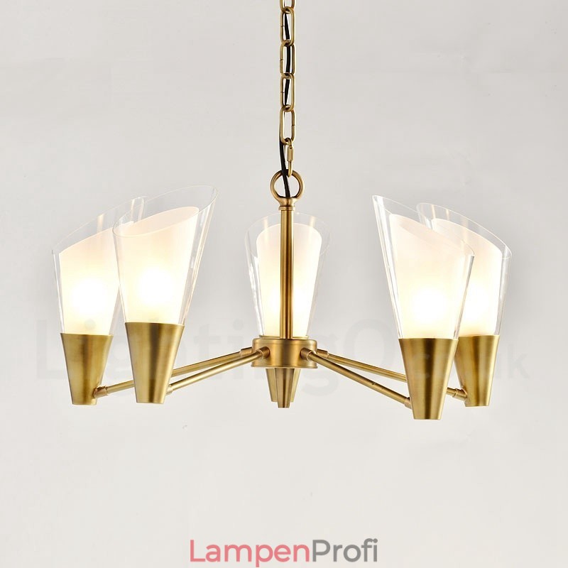 5-flammige Retro-Pendelleuchte aus rustikalem Messing mit Glasschirm