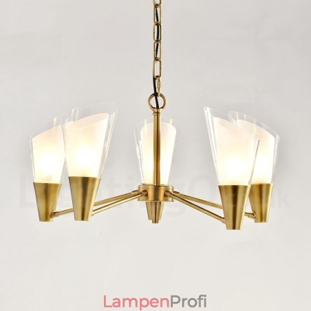 5-flammige Retro-Pendelleuchte aus rustikalem Messing mit Glasschirm 5-flammige Retro-Pendelleuchte aus rustikalem Messing mit Glasschirm