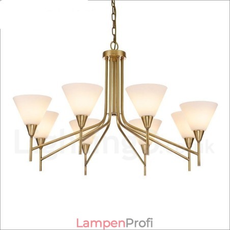 8-flammige Retro-Pendelleuchte aus rustikalem Messing mit Glasschirm 8-flammige Retro-Pendelleuchte aus rustikalem Messing mit Glasschirm