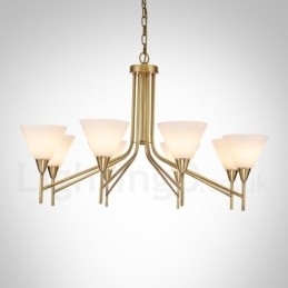 8-flammige Retro-Pendelleuchte aus rustikalem Messing mit Glasschirm