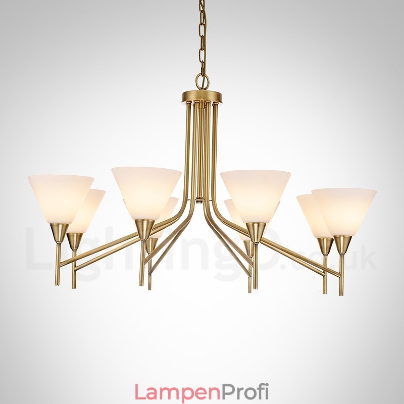 8-flammige Retro-Pendelleuchte aus rustikalem Messing mit Glasschirm