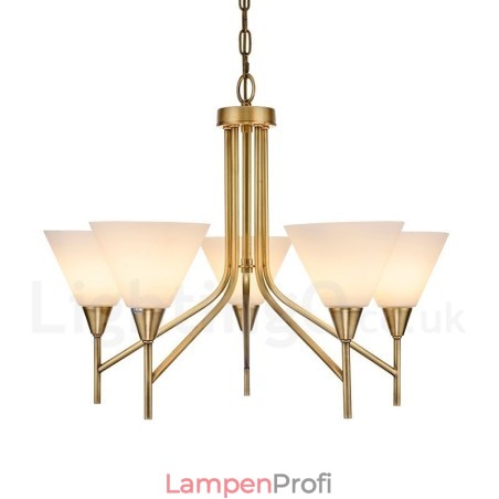 5-flammige Retro-Pendelleuchte aus rustikalem Messing mit Glasschirm 5-flammige Retro-Pendelleuchte aus rustikalem Messing mit Glasschirm