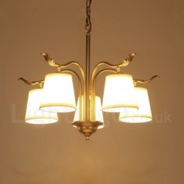 5-flammige Retro-Pendelleuchte aus rustikalem Messing mit Stoffschirm