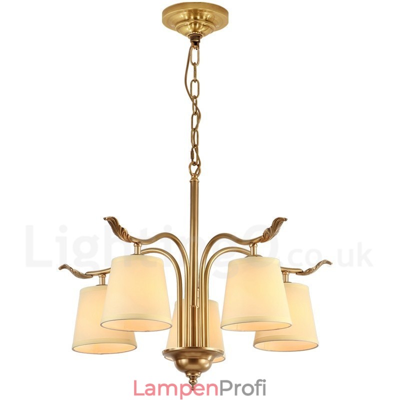5-flammige Retro-Pendelleuchte aus rustikalem Messing mit Stoffschirm