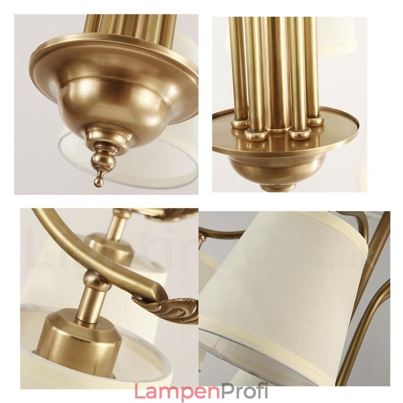 5-flammige Retro-Pendelleuchte aus rustikalem Messing mit Stoffschirm