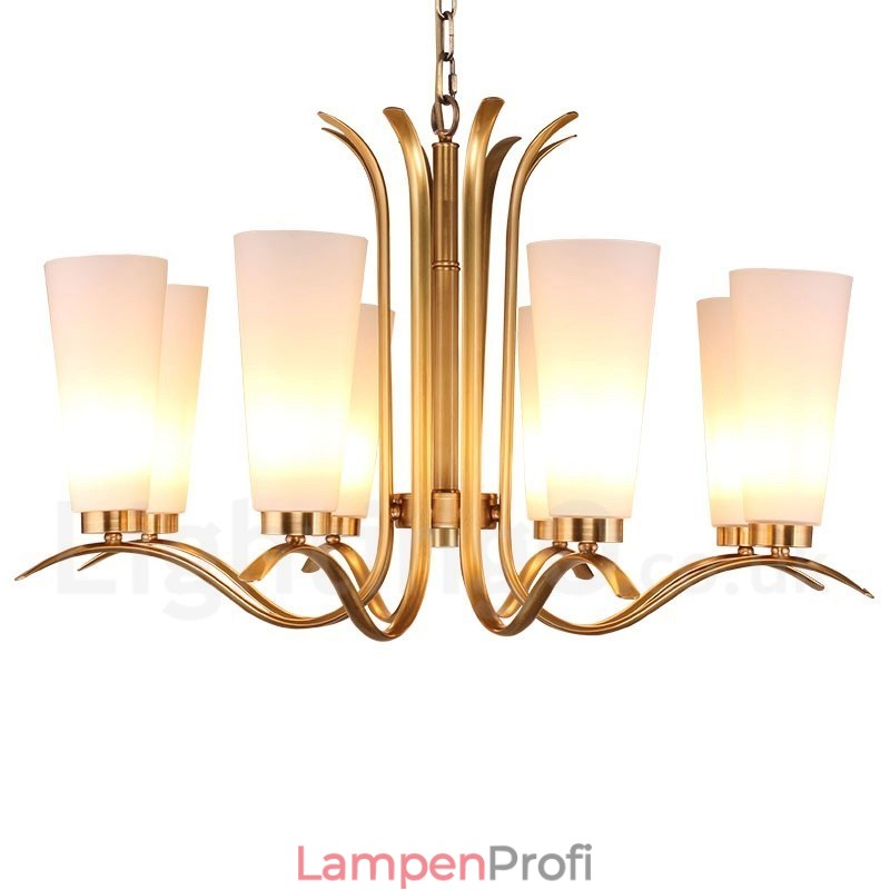8-flammige Retro-Pendelleuchte aus rustikalem Messing mit Glasschirm