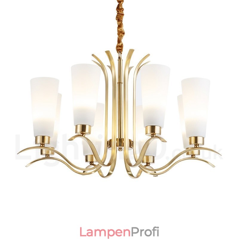 8-flammige Retro-Pendelleuchte aus rustikalem Messing mit Glasschirm