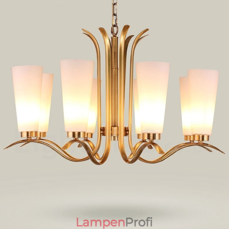 8-flammige Retro-Pendelleuchte aus rustikalem Messing mit Glasschirm