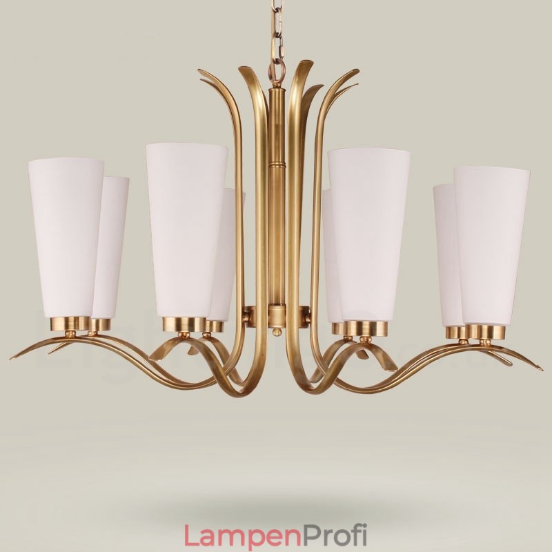 8-flammige Retro-Pendelleuchte aus rustikalem Messing mit Glasschirm