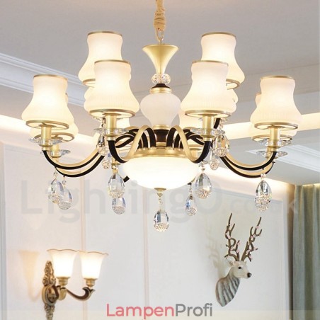 12-flammige Retro-Pendelleuchte aus Kristall mit rustikalem Luxus-Glasschirm