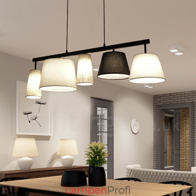 Moderne zeitgenössische 5-flammige Pendelleuchte aus Stahl mit Stoffschirm