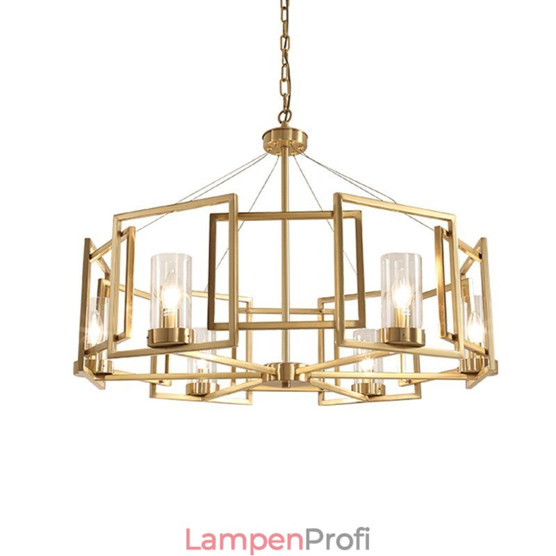 Moderne zeitgenössische 6-flammige Pendelleuchte aus Messing mit Glasschirm