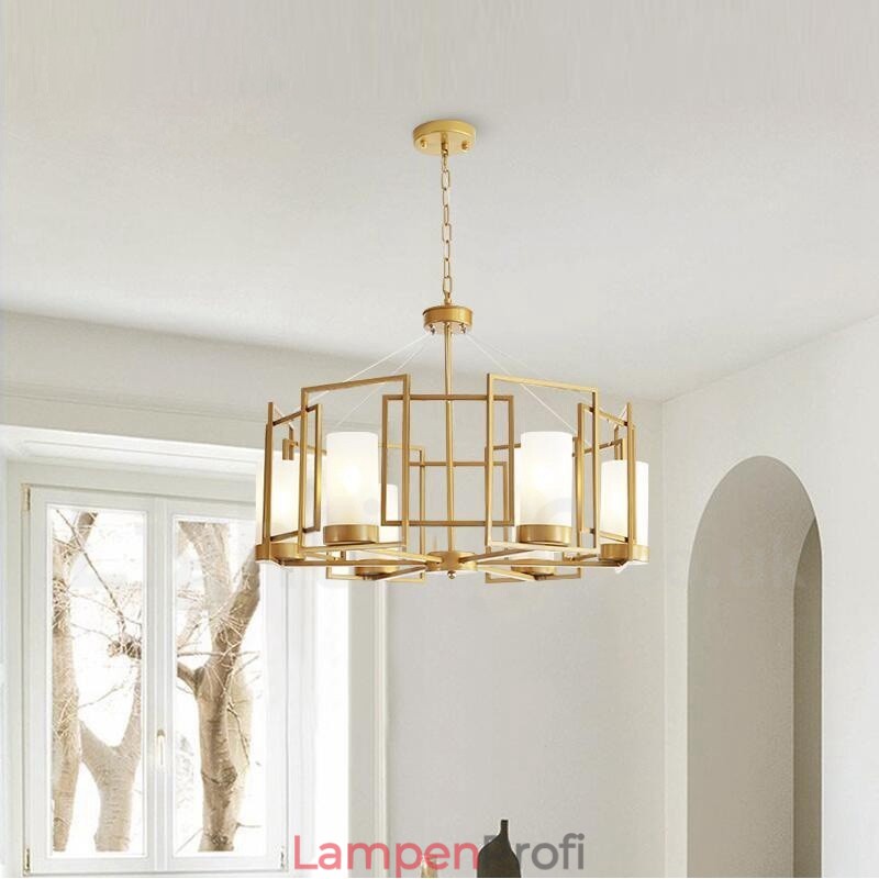 Moderne zeitgenössische 6-flammige Pendelleuchte aus Messing mit Glasschirm