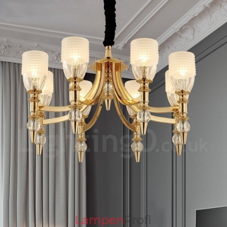 Mediterraner 8-flammiger Kronleuchter aus Stahl mit Glasschirm Mediterraner 8-flammiger Kronleuchter aus Stahl mit Glasschirm