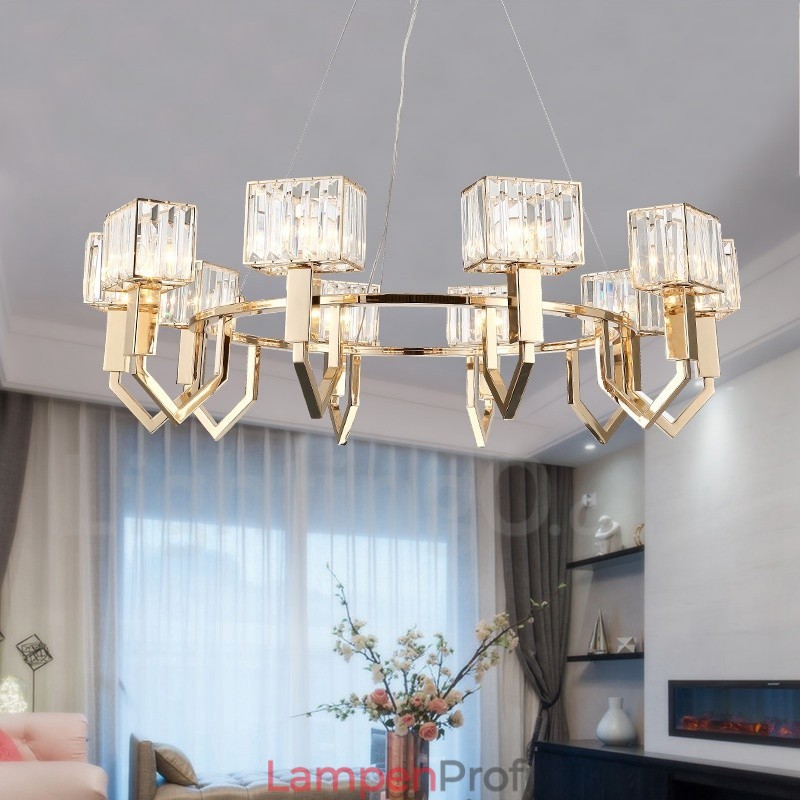 Moderne zeitgenössische 10-flammige Pendelleuchte aus Stahl mit Kristallschirm