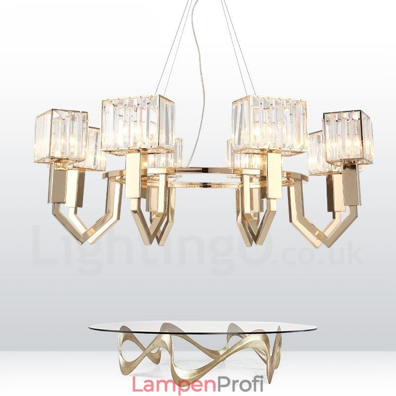 Moderne zeitgenössische 8-flammige Pendelleuchte aus Stahl mit Kristallschirm