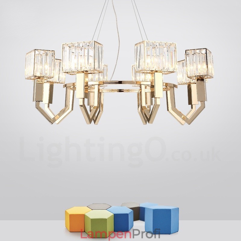 Moderne zeitgenössische 8-flammige Pendelleuchte aus Stahl mit Kristallschirm