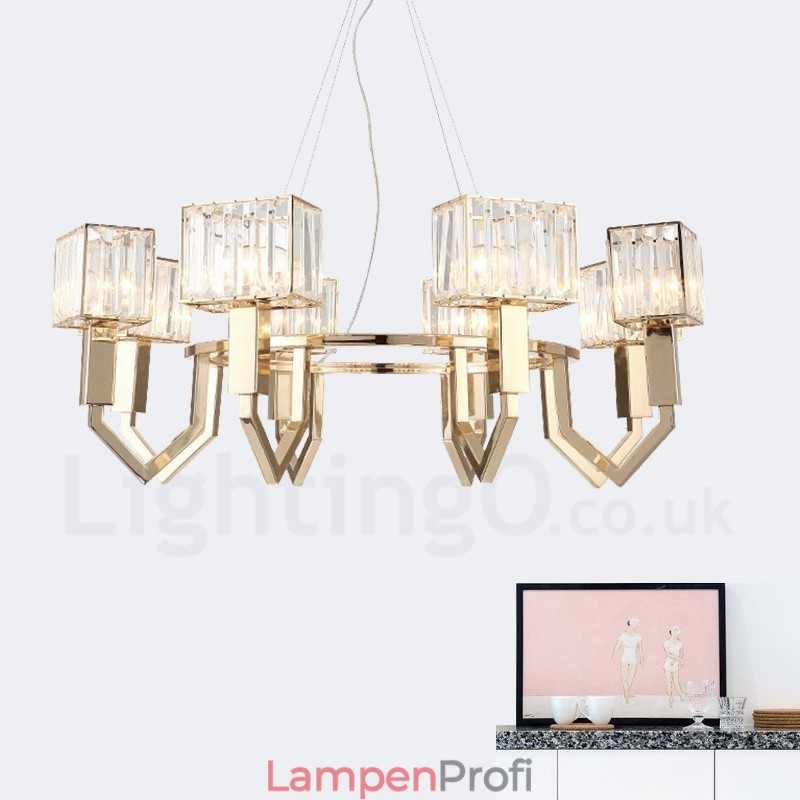 Moderne zeitgenössische 8-flammige Pendelleuchte aus Stahl mit Kristallschirm