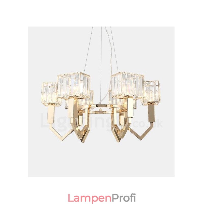 Moderne zeitgenössische 6-flammige Pendelleuchte aus Stahl mit Kristallschirm