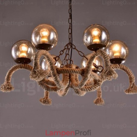 6-flammige Vintage-Retro-Pendelleuchte mit Glasschirm