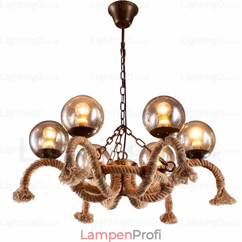 6-flammige Vintage-Retro-Pendelleuchte mit Glasschirm