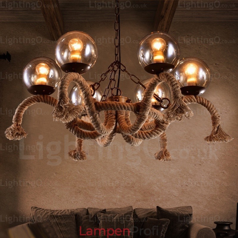 6-flammige Vintage-Retro-Pendelleuchte mit Glasschirm