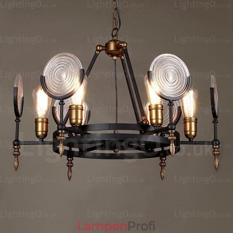 6-flammige Vintage-Retro-Pendelleuchte mit Glasschirm