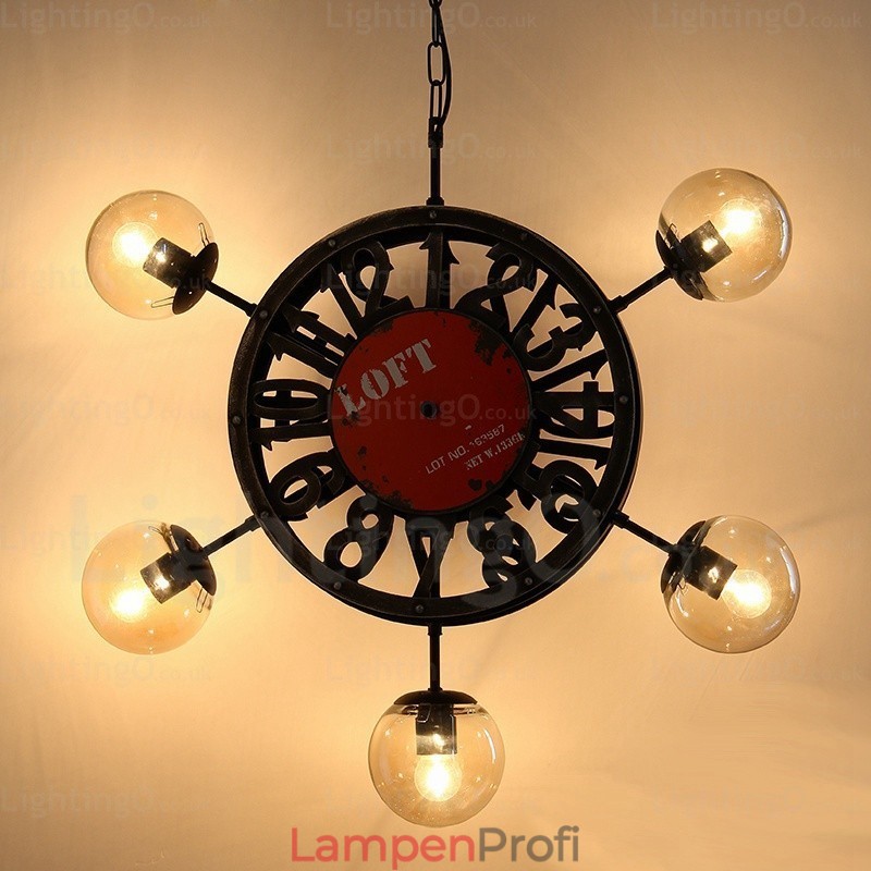 5-flammige Vintage-Retro-Pendelleuchte mit Glasschirm