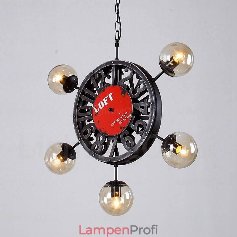 5-flammige Vintage-Retro-Pendelleuchte mit Glasschirm