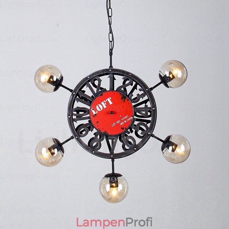 5-flammige Vintage-Retro-Pendelleuchte mit Glasschirm