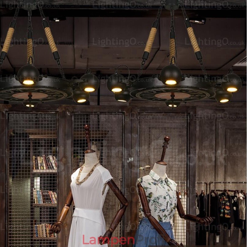 6-flammige Vintage-Retro-Pendelleuchte mit Edelstahlschirm