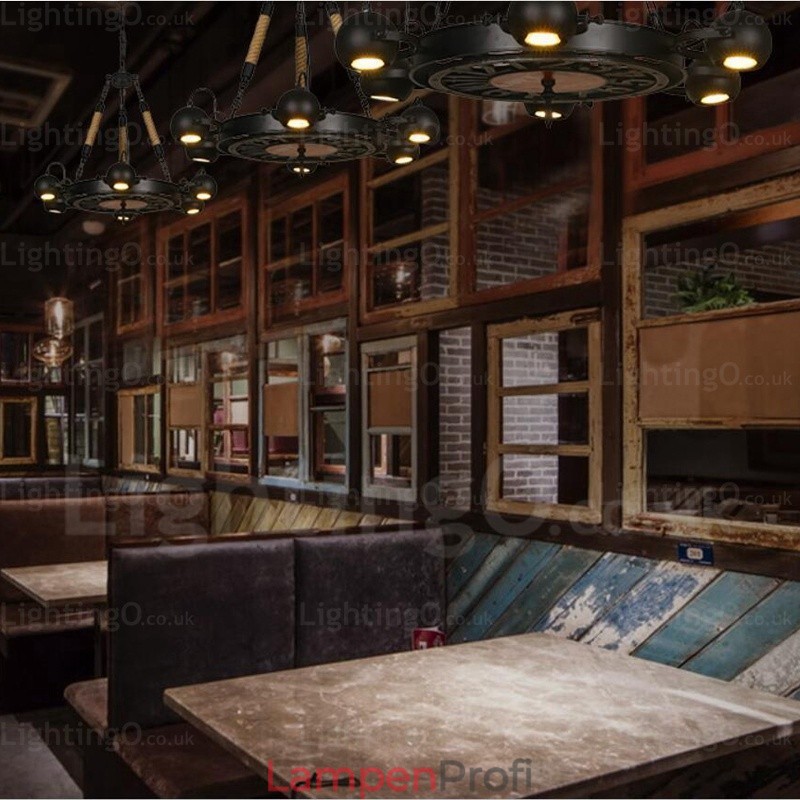 6-flammige Vintage-Retro-Pendelleuchte mit Edelstahlschirm