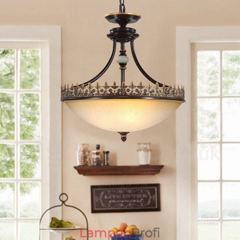 Rustikale Pendelleuchte mit 3 Lichtern und Glasschirm