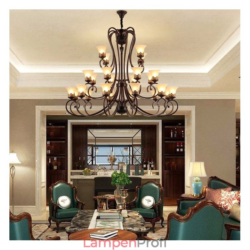 24 Lichter Hohe Decke Vintage Country Island Malerei Metall Kronleuchter mit Glasschirmen Hohe Decke