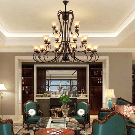 24 Lichter Hohe Decke Vintage Country Island Malerei Metall Kronleuchter mit Glasschirmen Hohe Decke