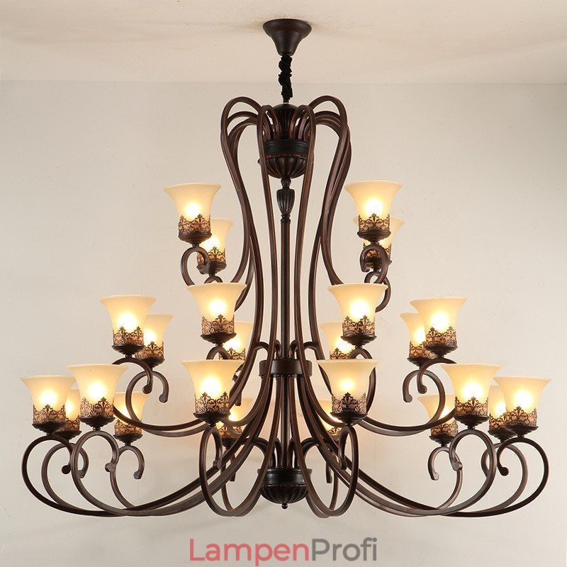 24 Lichter Hohe Decke Vintage Country Island Malerei Metall Kronleuchter mit Glasschirmen Hohe Decke