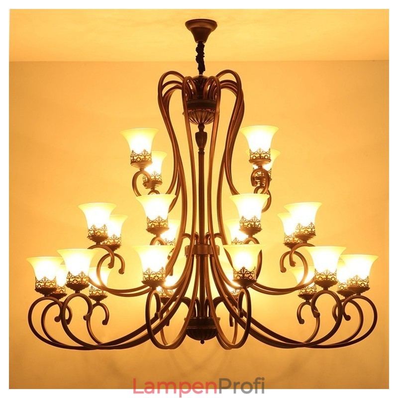 24 Lichter Hohe Decke Vintage Country Island Malerei Metall Kronleuchter mit Glasschirmen Hohe Decke