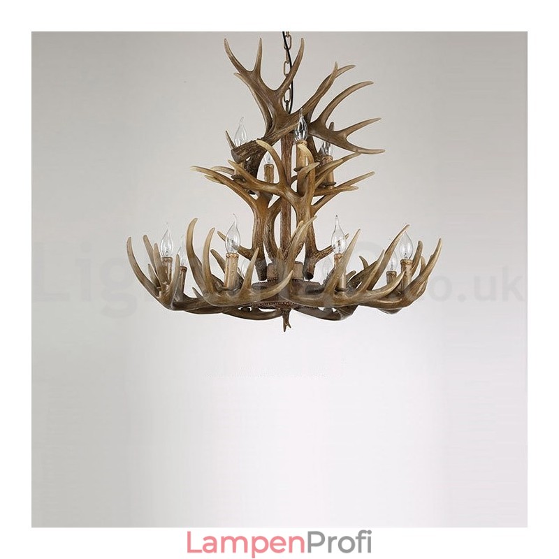 12 Licht 2 Krawatten Rustikaler künstlerischer Retro-Geweih-Vintage-Kronleuchter