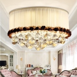 Zeitgenössische moderne 50CM Runde Flush Mount Kristall Deckenleuchten Stoff Schatten